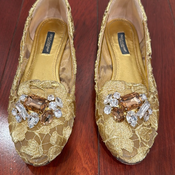 Dolce & Gabbana gold Lace Crystal Ballet Flats Loafers Shoes - Picture 1 of 8